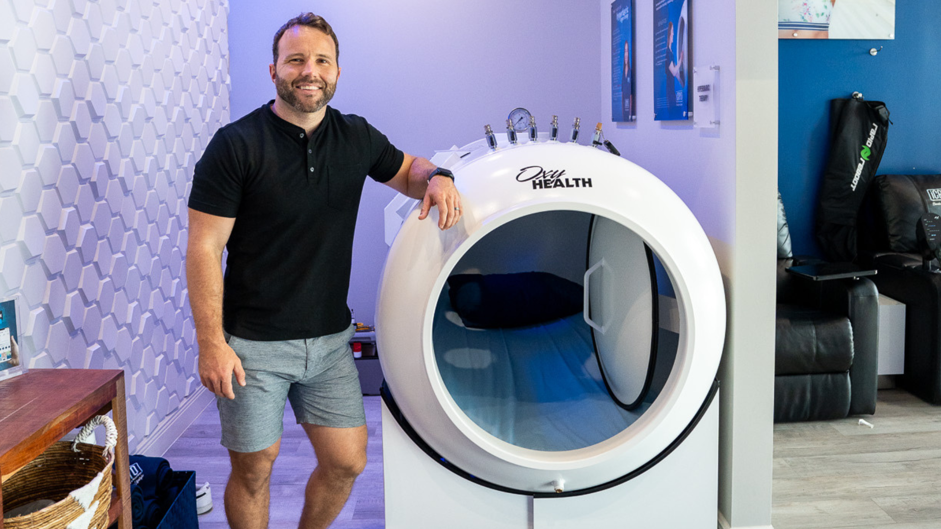 Patient relaxing in hyperbaric oxygen chamber for enhanced healing
