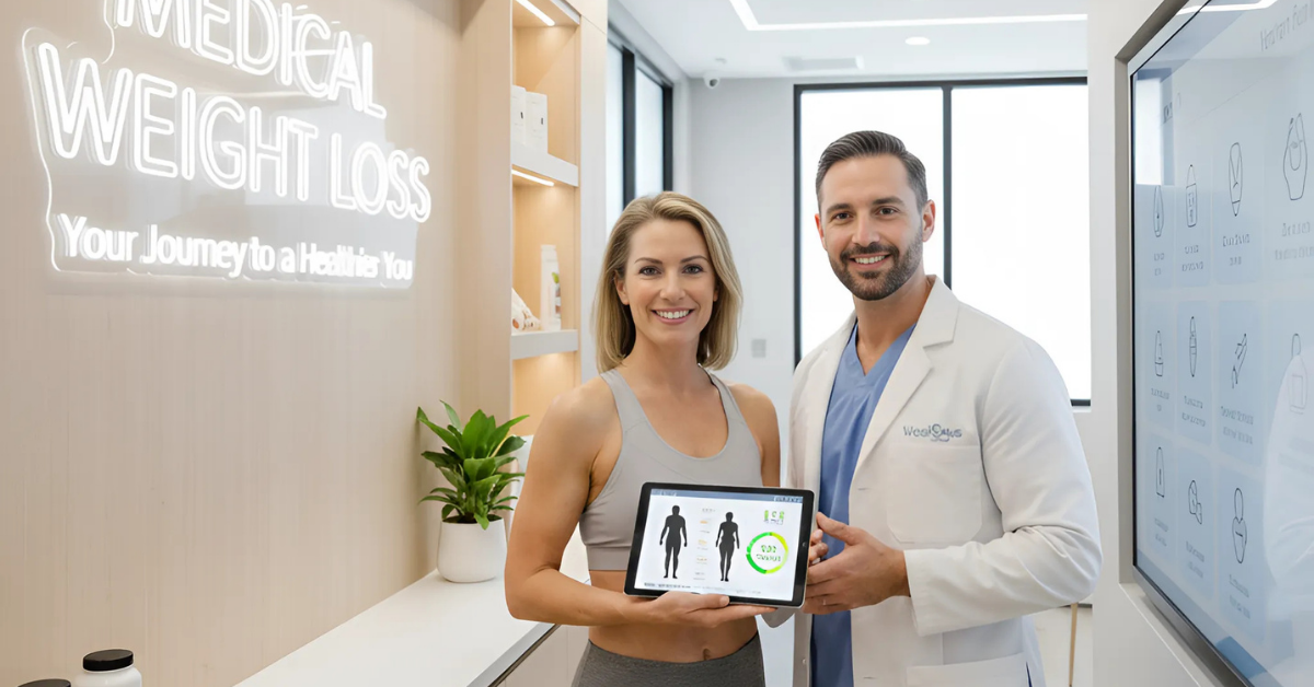 Healthcare professional measuring patient waist during medical weight loss consultation