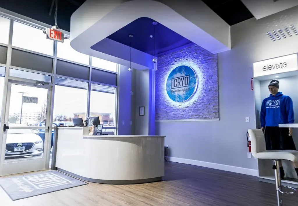 iCRYO Charleston interior showing modern reception area with illuminated logo